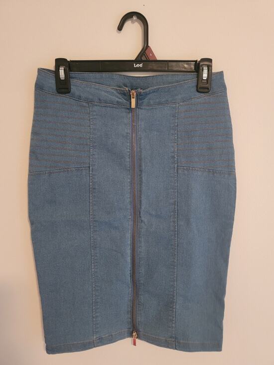 Marilyn Monroe Dresses & Skirts - Marilyn Monroe Denim Pencil Skirt Sz M Full Front 2-Way Zip Knee Length Stretchy